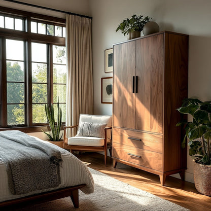 Wooden wardrobe in a bedroom with a bed, chair, and plants.