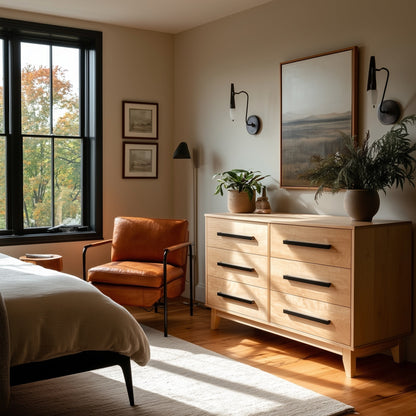 Nestled bedroom with wooden dresser, leather chair, and large window.