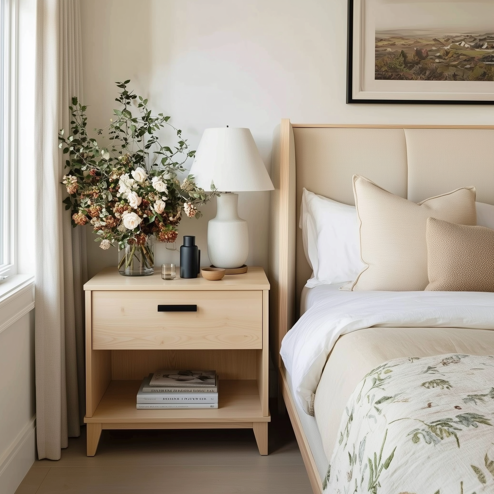 Neatly arranged bedroom with a bed, nightstand, and decorative elements.