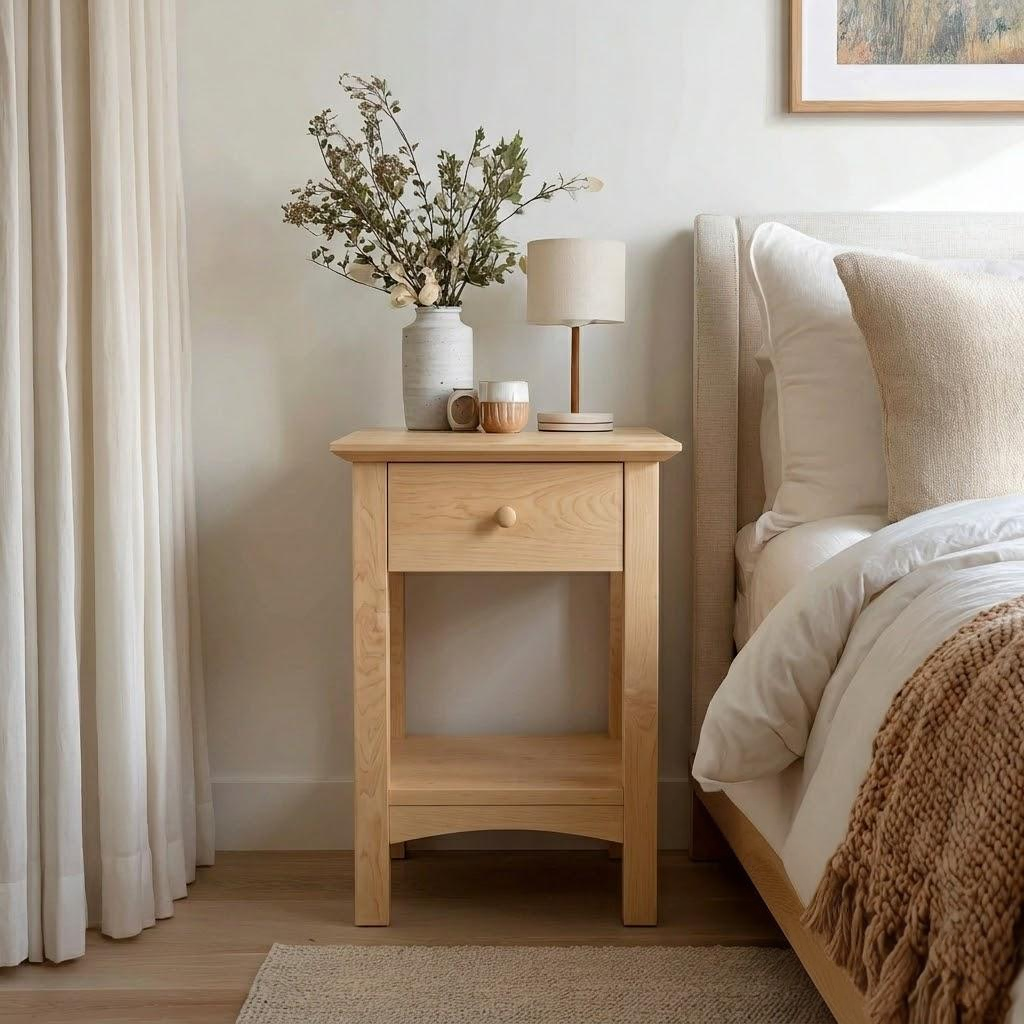 Wooden bedside table with a vase of flowers and lamp next to a bed in a bedroom.