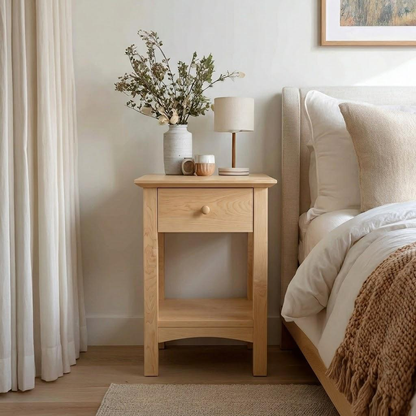 Wooden bedside table with a vase of flowers and lamp next to a bed in a bedroom.