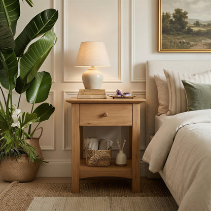 Nursery room with wooden nightstand, lamp, and decorative items.