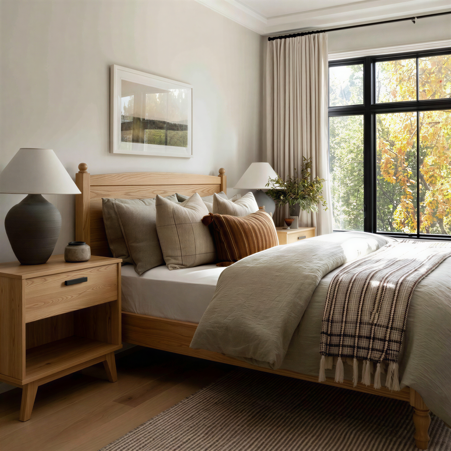 Cozy bedroom with wooden bed, pillows, and lamps near a window with autumn foliage.