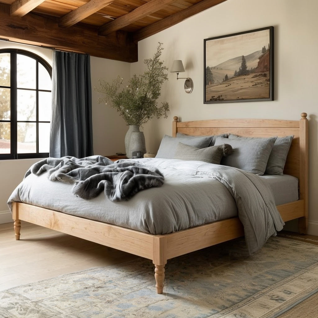 Wooden bed in a bedroom with plants and framed pictures on the wall.