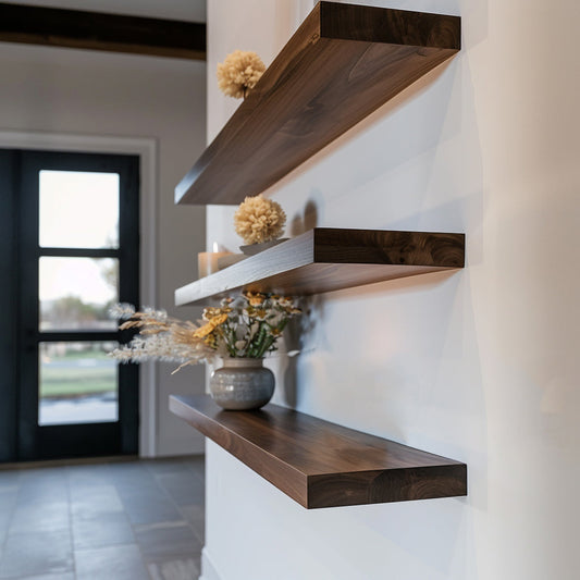 A series of walnut floating shelves mounted on a wall, holding decorative items like a small potted plant and a framed picture.